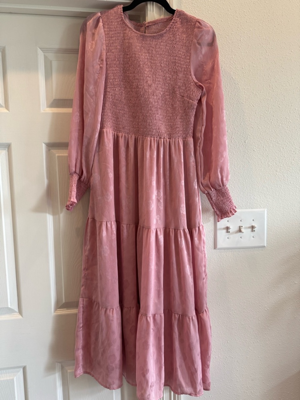 Amazon Women's Pink Long-Sleeve Tiered Smocked Dress